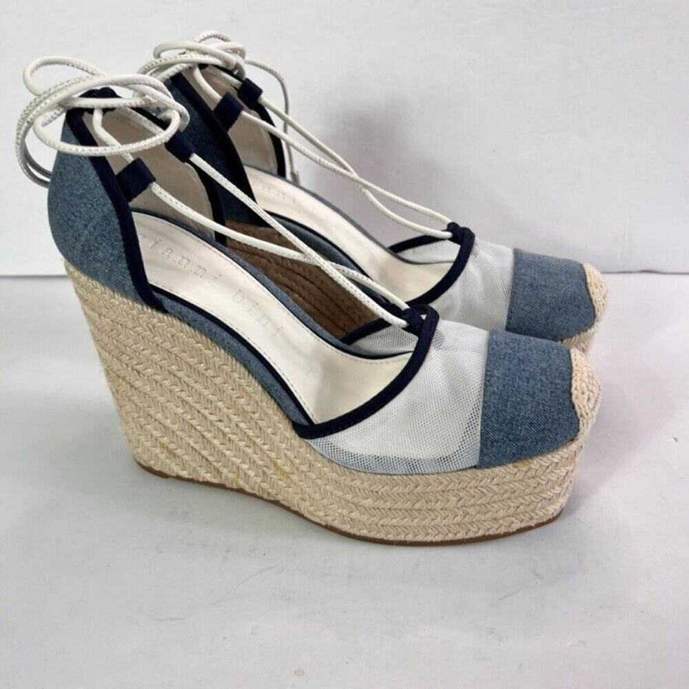 Gianni Bini Sandals Platform Wedges Women 7 Blue Denim Mesh Espadrille Gladiator - Picture 13 of 13